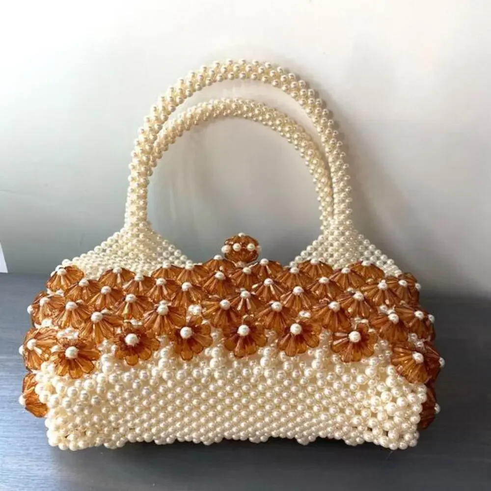 Vintage‎ Beaded Floral Satchel Handbag Purse Cognac Brown Cream Evening Bag NEW